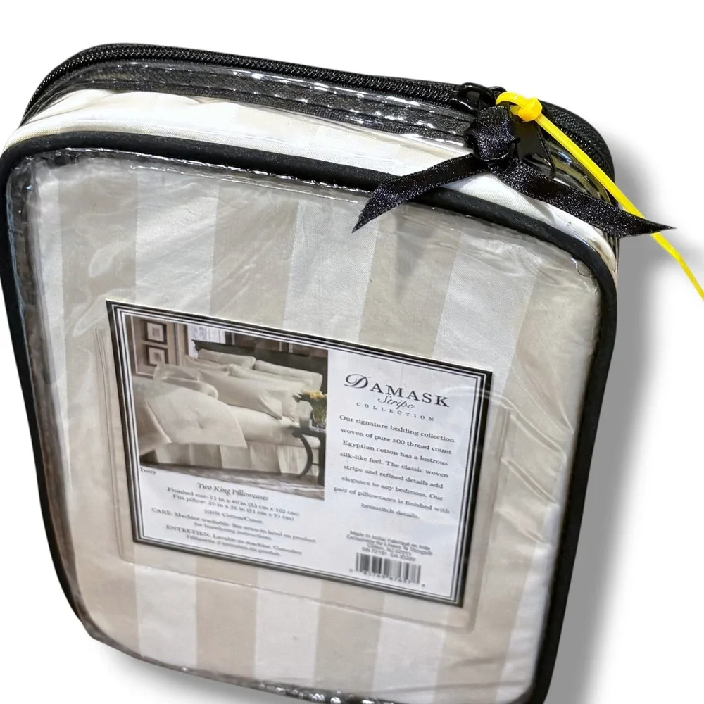 Damask Stripe‎ Collection 500 TC Egyptian Cotton King Pillowcases Ivory Pair NEW